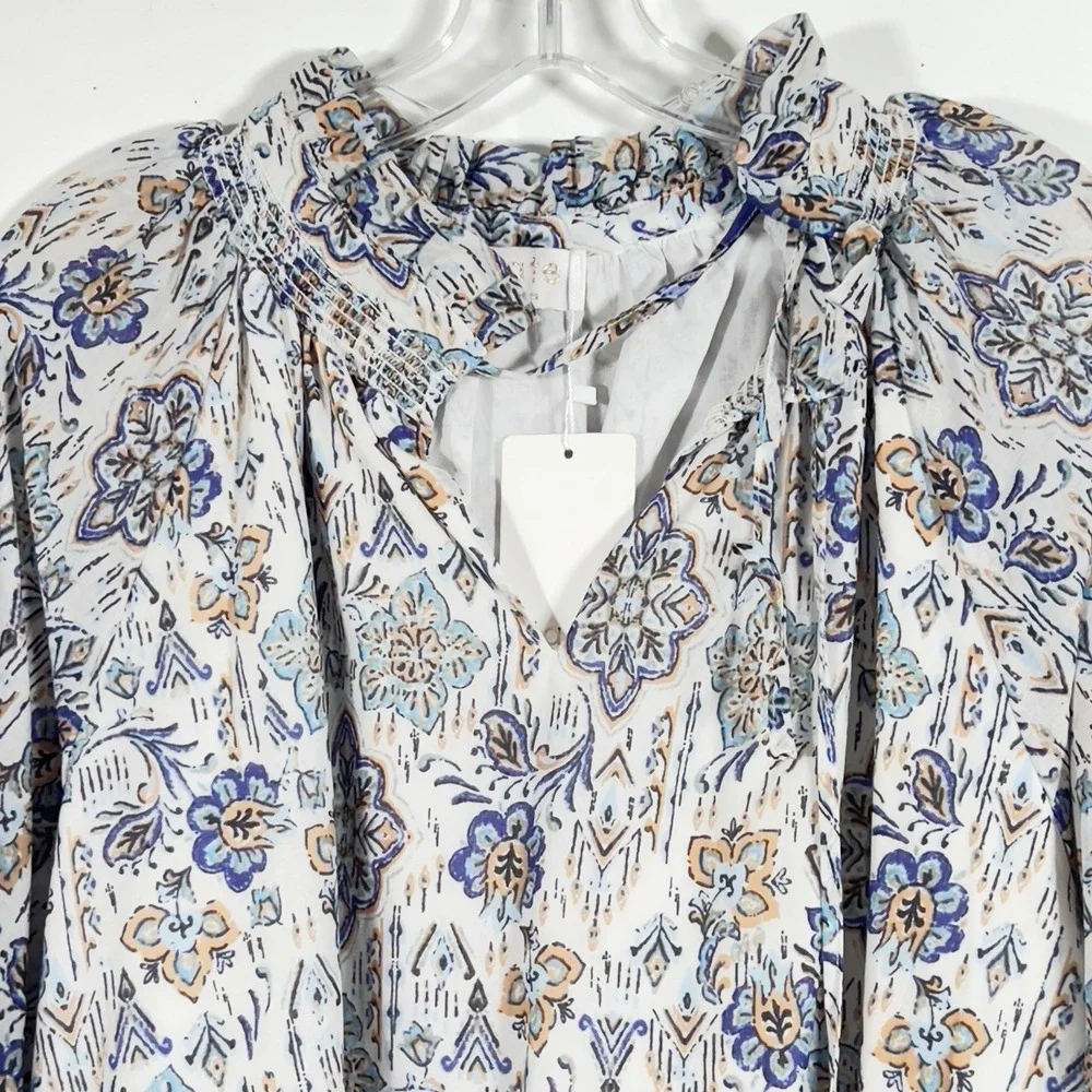 Fate Border‎ Print Tie Neck Peasant Blouse Womens Sz L Long Sleeve Cotton Voile
